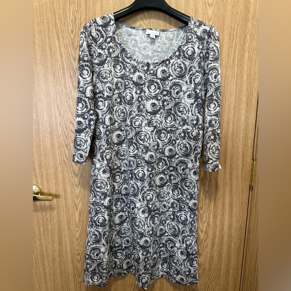 New Pure Jill Gray/White patterned 3/4 Sleeve Side Pocket Midi Dress Women's MP